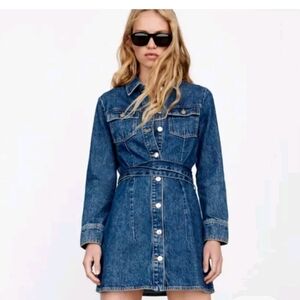 Zara Blue Denim Jean Dress Button Front Womens Large